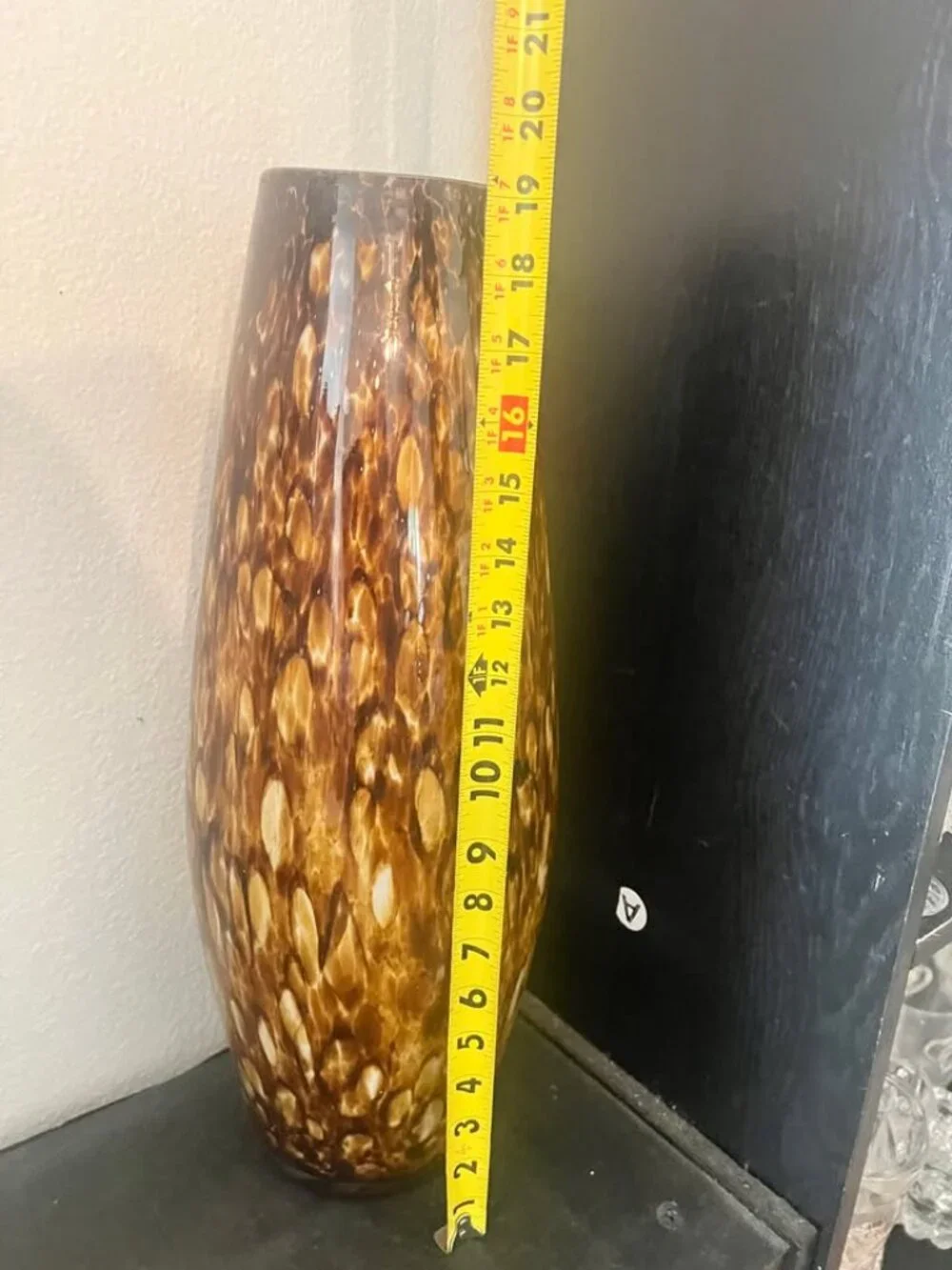 Vintage Artisan Hand Blown Glass Vase with Brown and Amber animal Print